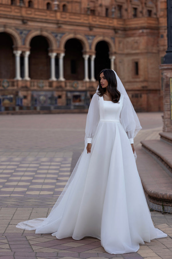 Women's Matte Organza A-Line Dress with Detachable Sleeves, 3-D Flowers, Belt, and 50cm Train Veil