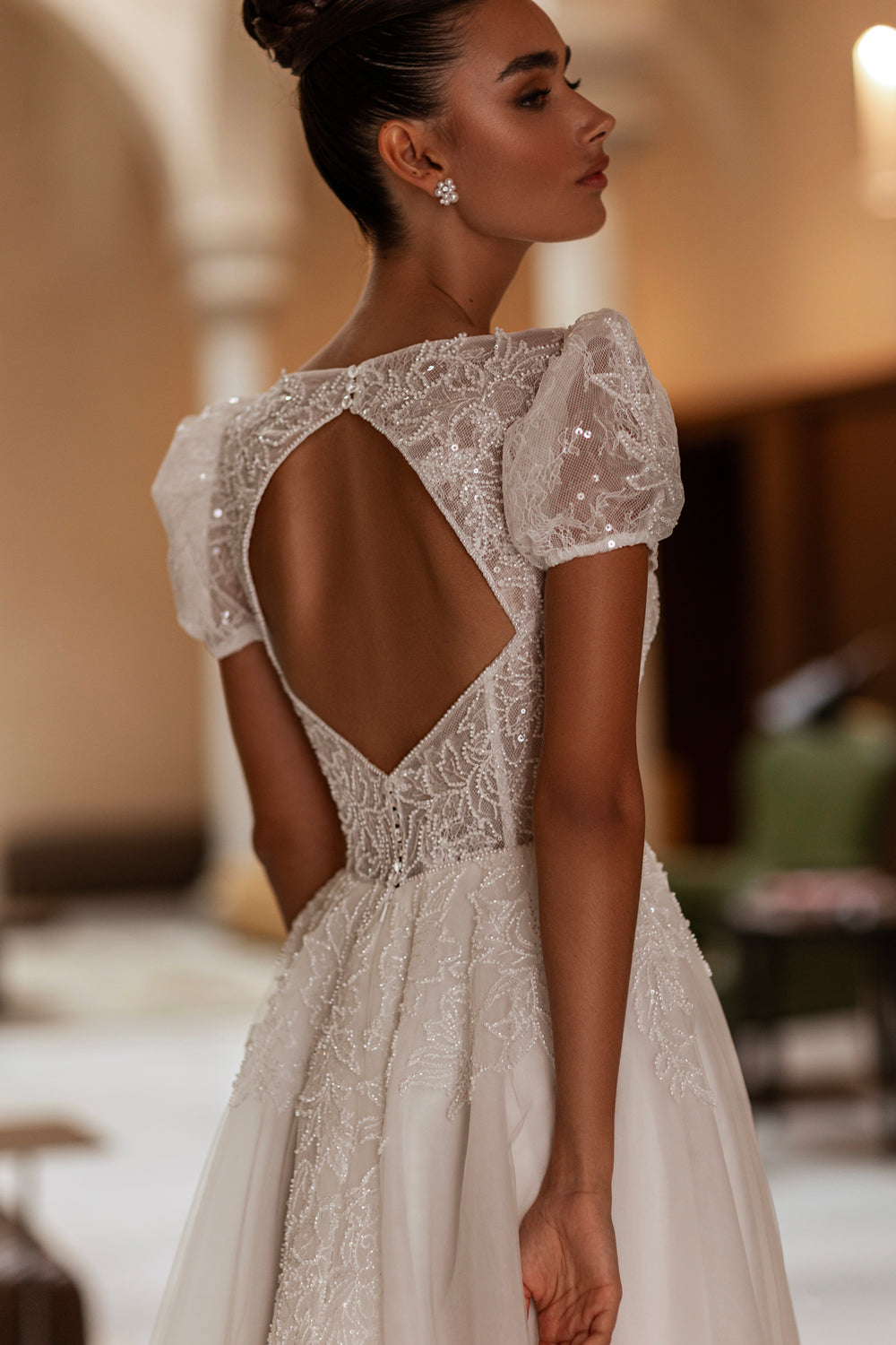 A-Line Wedding Dress with Puff Sleeves and Slit