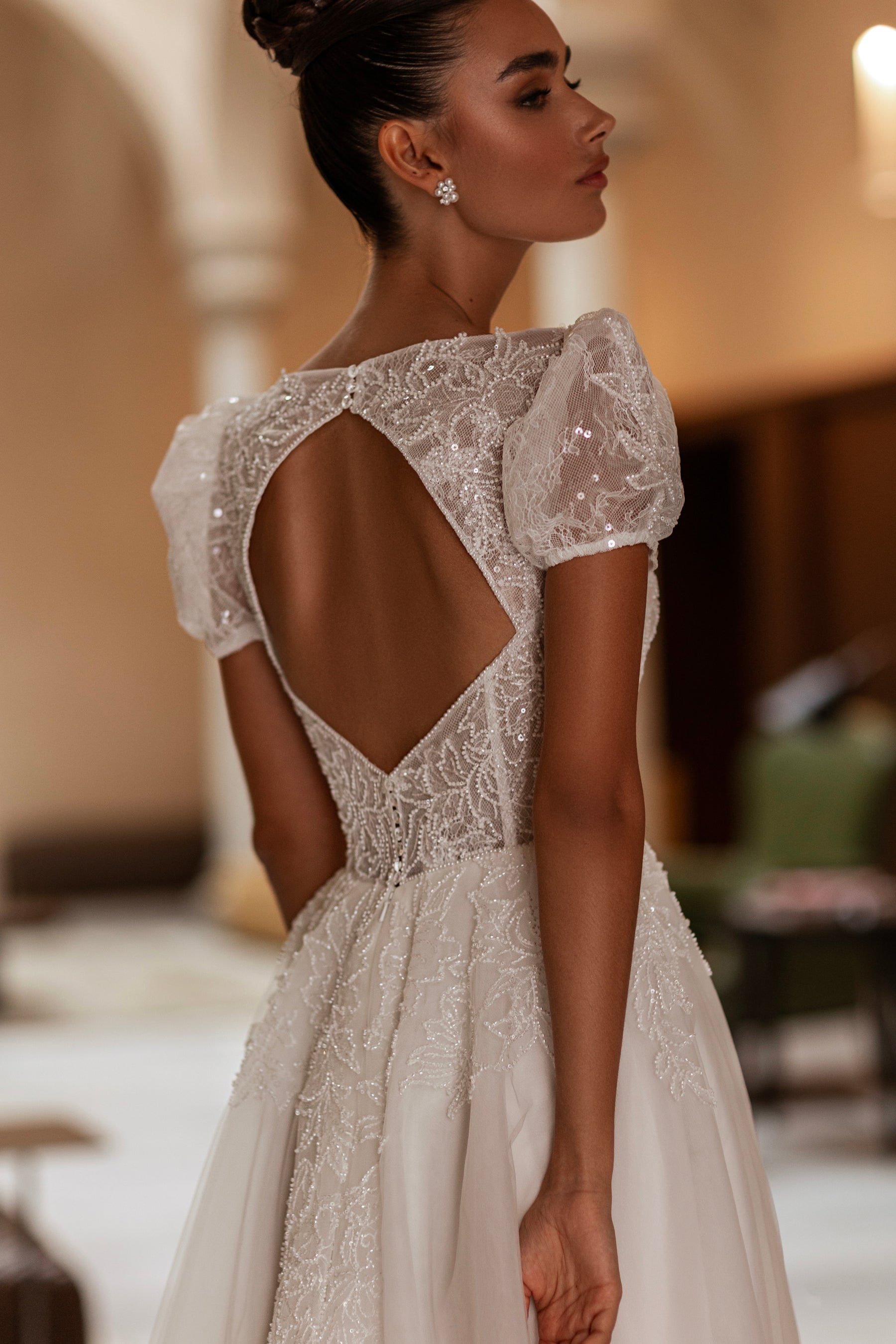 A-Line Wedding Dress with Puff Sleeves and Slit