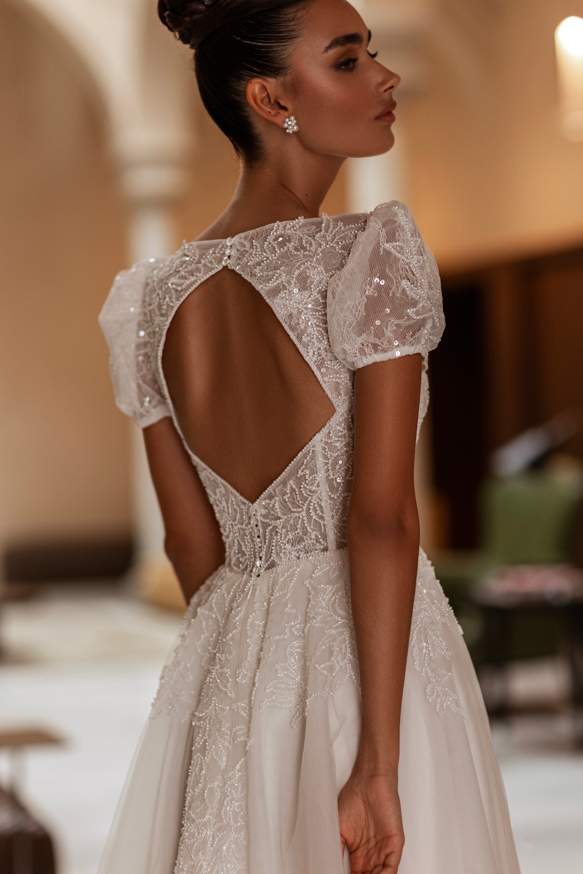A-Line Wedding Dress with Puff Sleeves and Slit