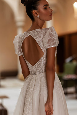 A-Line Wedding Dress with Puff Sleeves and Slit