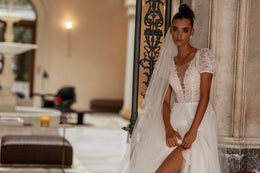 A-Line Wedding Dress with Puff Sleeves and Slit