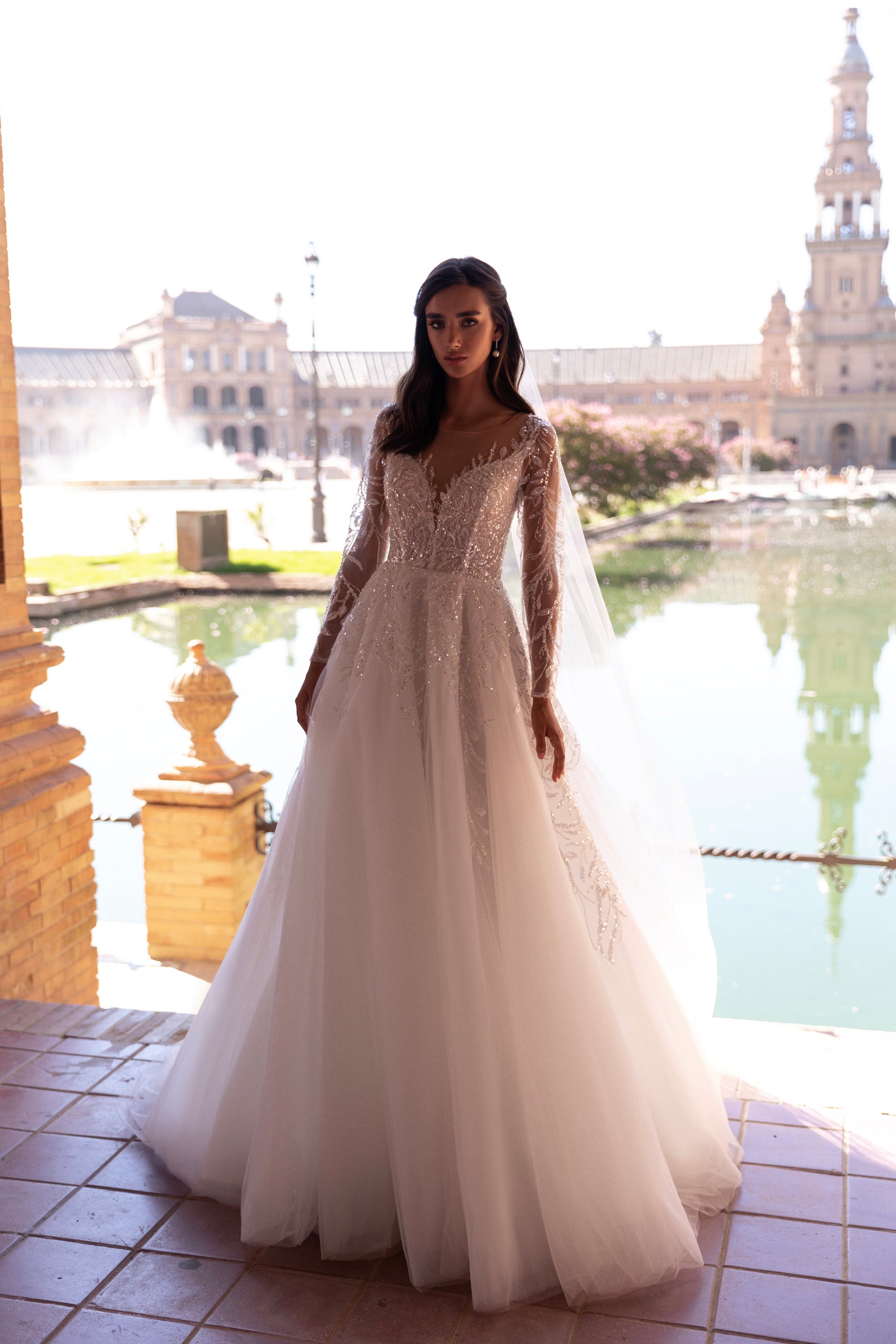 A-Line Wedding Dress with Beaded Illusion Sleeves