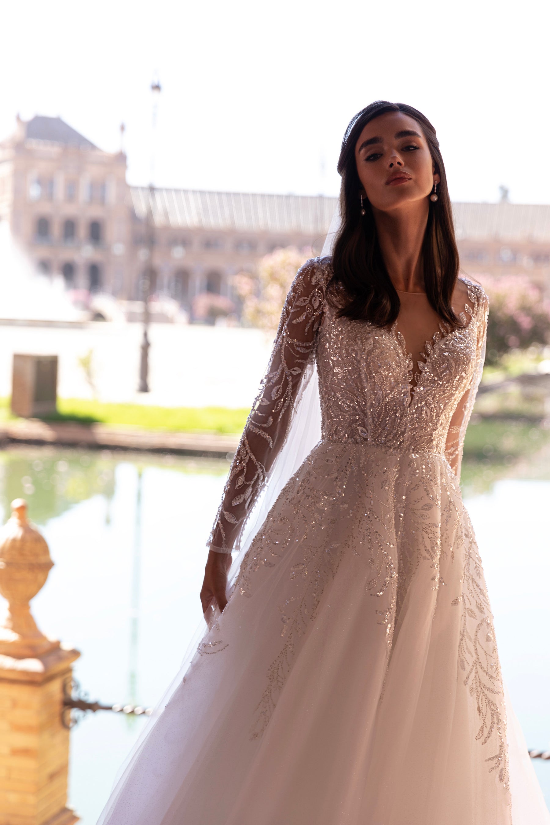 A-Line Wedding Dress with Beaded Illusion Sleeves