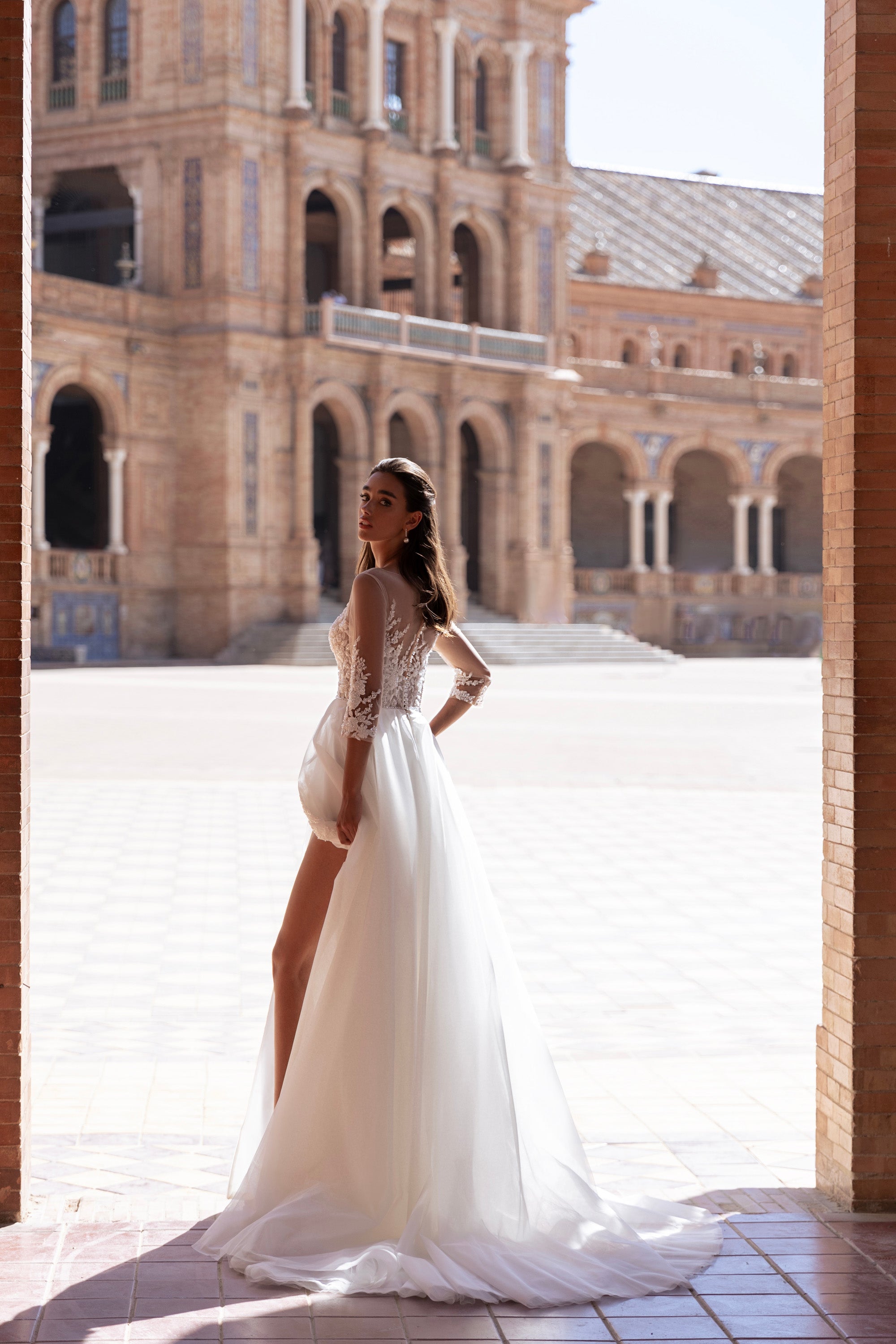 A-Line Wedding Dress with Illusion Sleeves and Slit