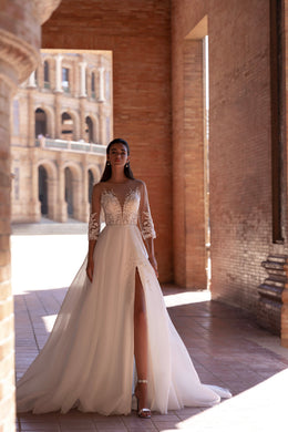A-Line Wedding Dress with Illusion Sleeves and Slit