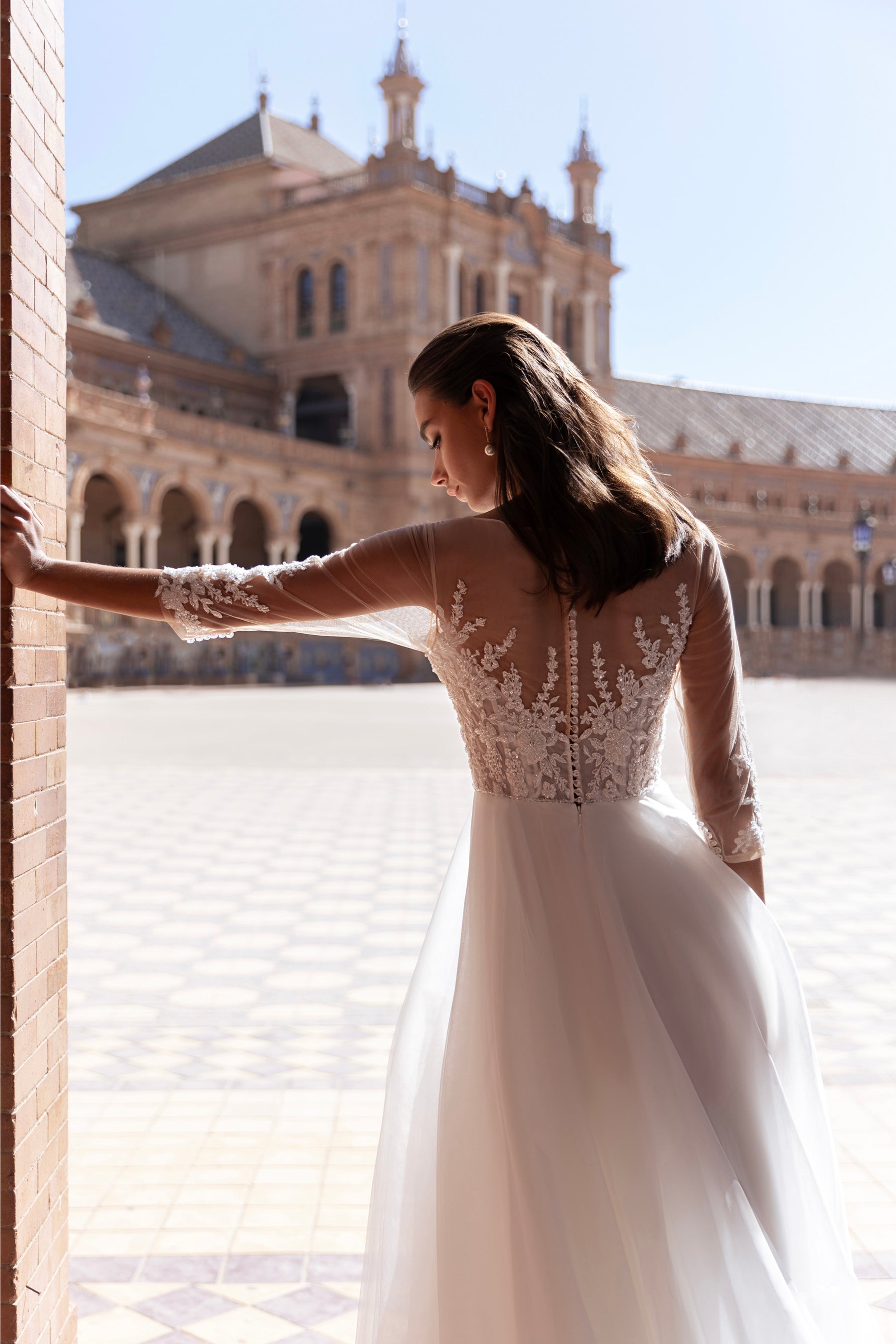 A-Line Wedding Dress with Illusion Sleeves and Slit