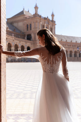 A-Line Wedding Dress with Illusion Sleeves and Slit