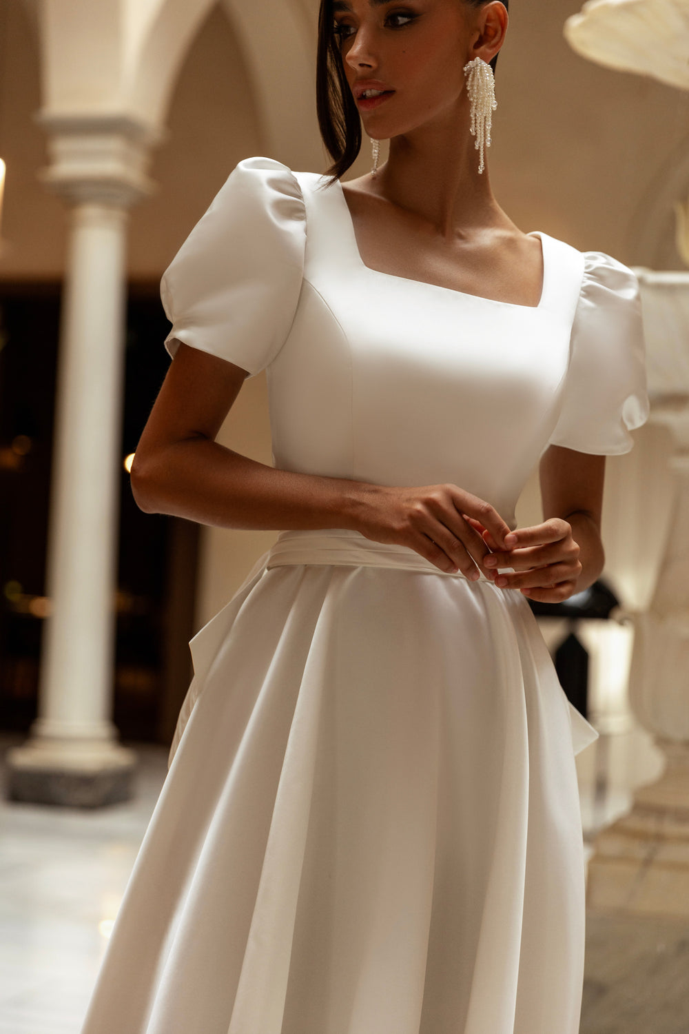 A-Line Wedding Dress with Puff Sleeves and Bow Back