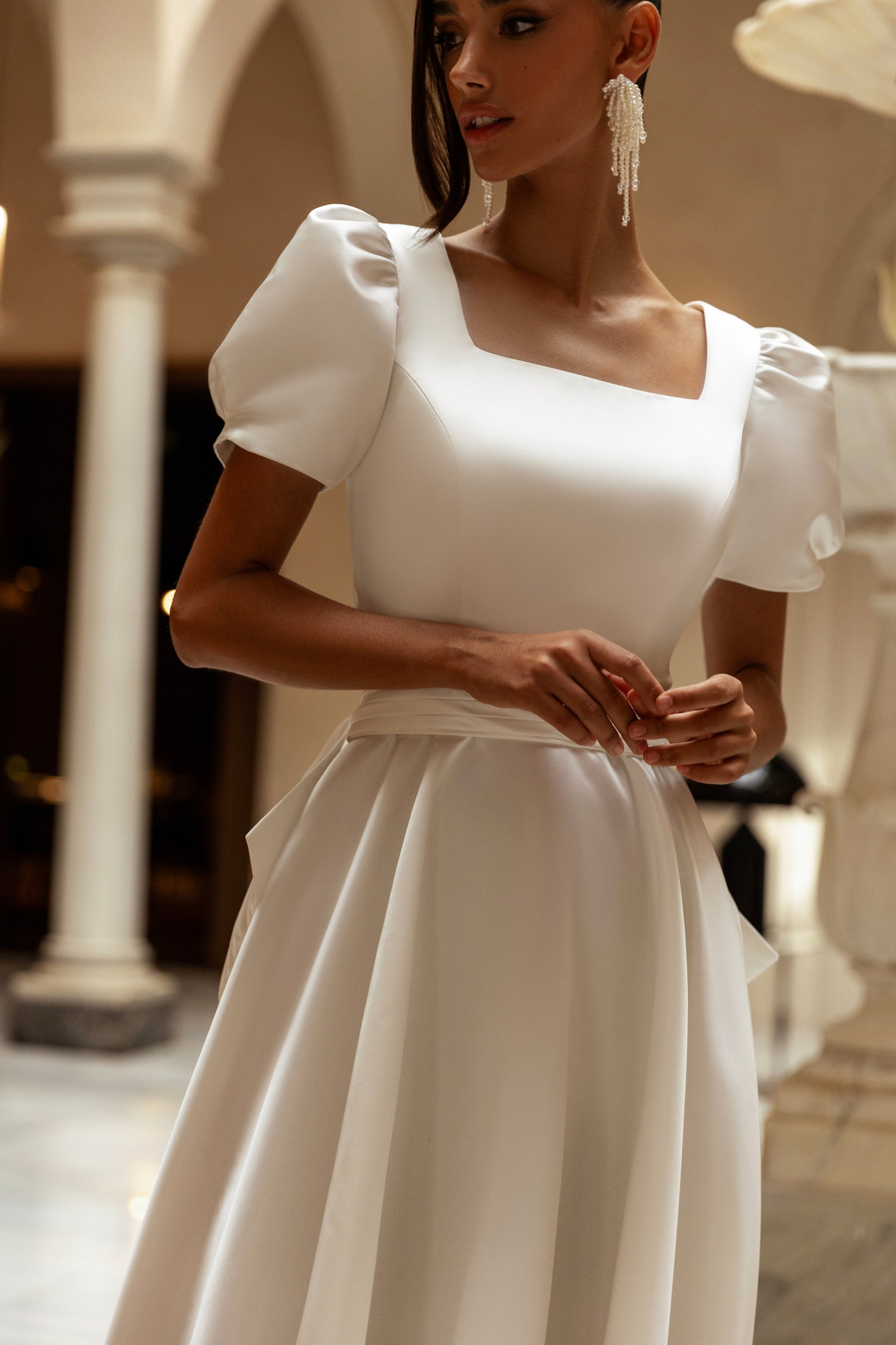 A-Line Wedding Dress with Puff Sleeves and Bow Back