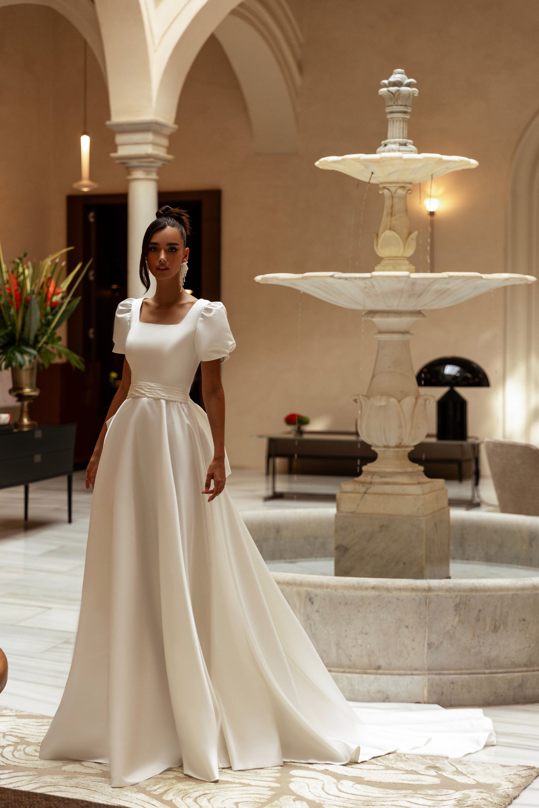 A-Line Wedding Dress with Puff Sleeves and Bow Back