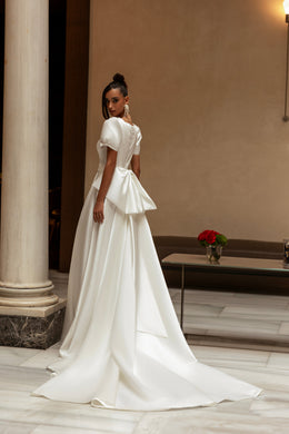 A-Line Wedding Dress with Puff Sleeves and Bow Back