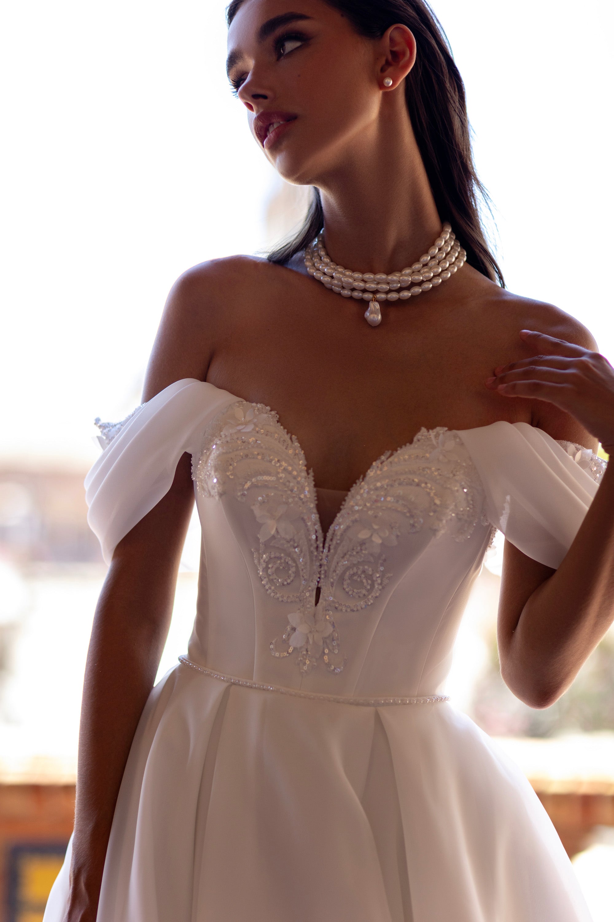 A-Line Wedding Dress with Off-the-Shoulder Beaded Bodice