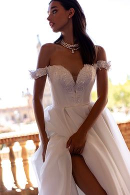 A-Line Wedding Dress with Off-the-Shoulder Beaded Bodice