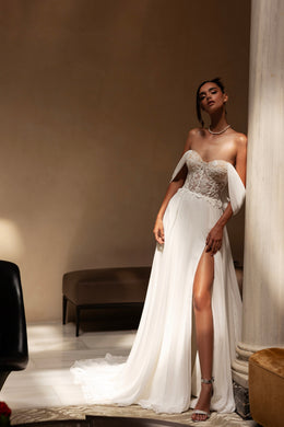 A-Line Wedding Dress with Off-the-Shoulder Draped Sleeves and Slit