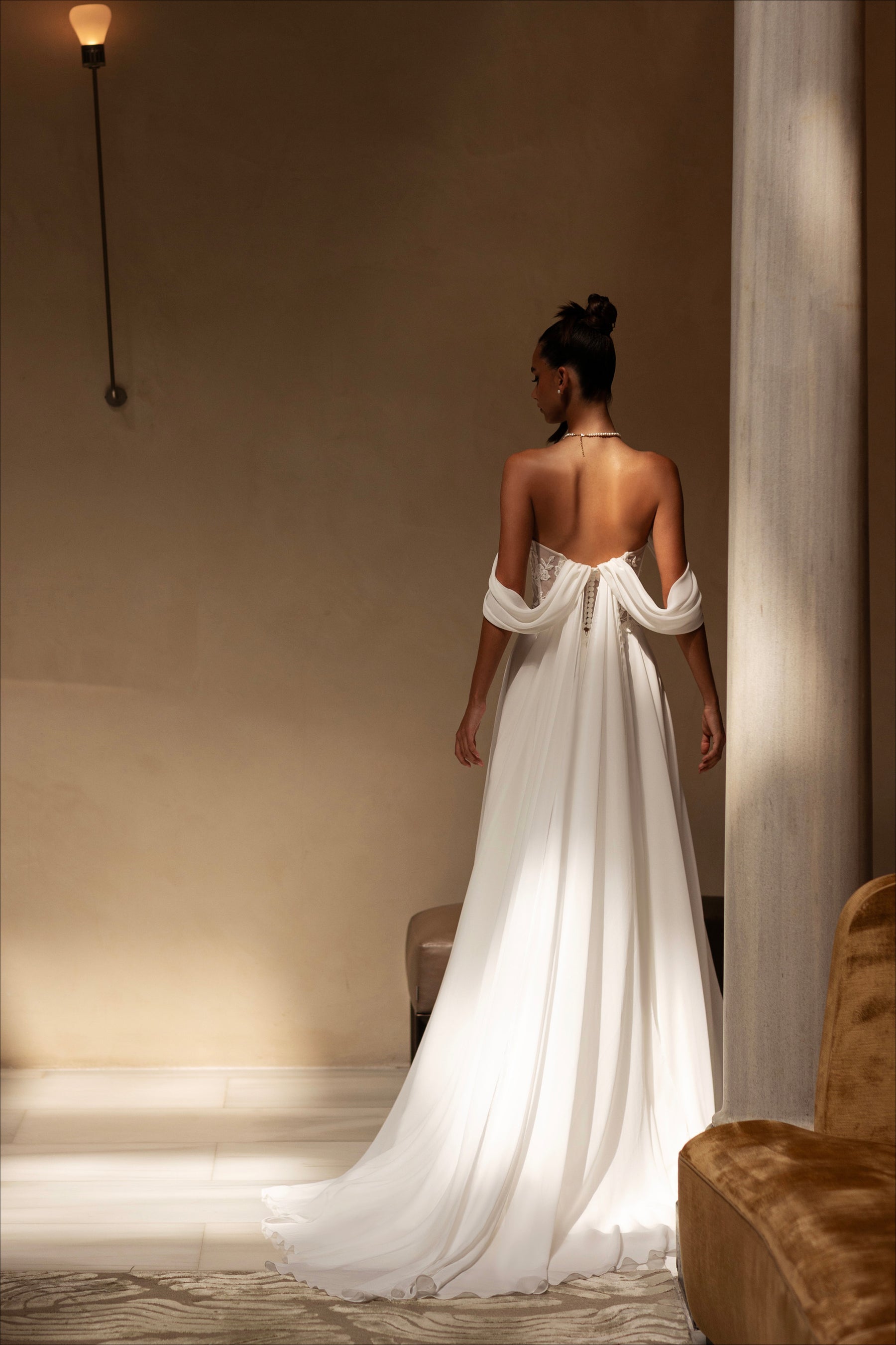 A-Line Wedding Dress with Off-the-Shoulder Draped Sleeves and Slit