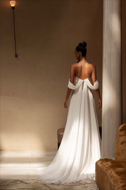 A-Line Wedding Dress with Off-the-Shoulder Draped Sleeves and Slit