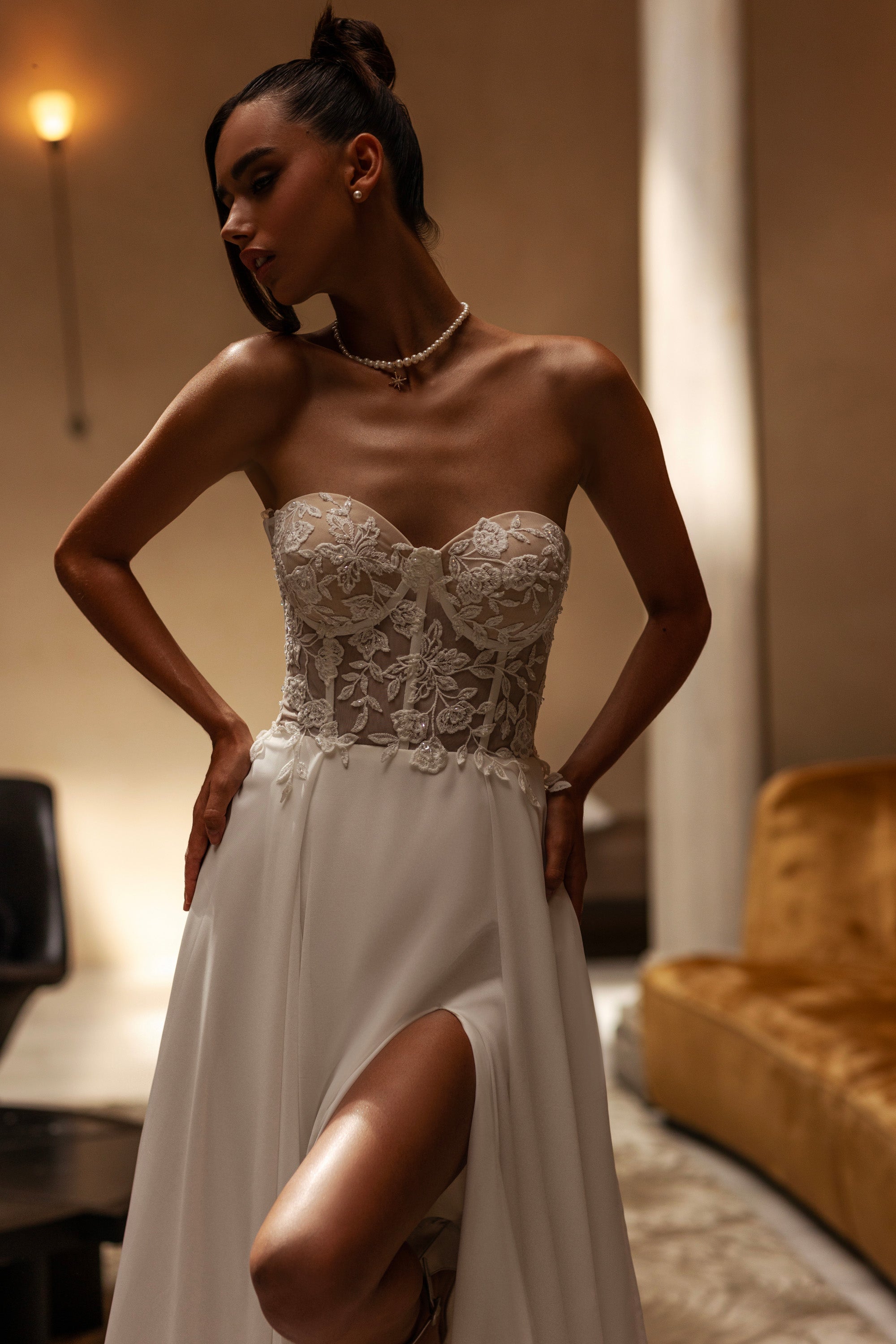 A-Line Wedding Dress with Off-the-Shoulder Draped Sleeves and Slit