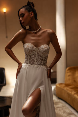 A-Line Wedding Dress with Off-the-Shoulder Draped Sleeves and Slit