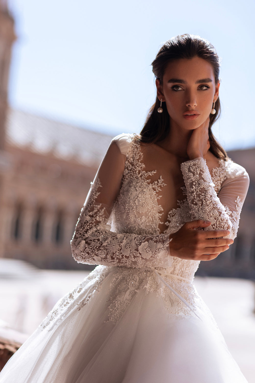 A-Line Wedding Dress with Illusion Long Sleeves and Floral Lace