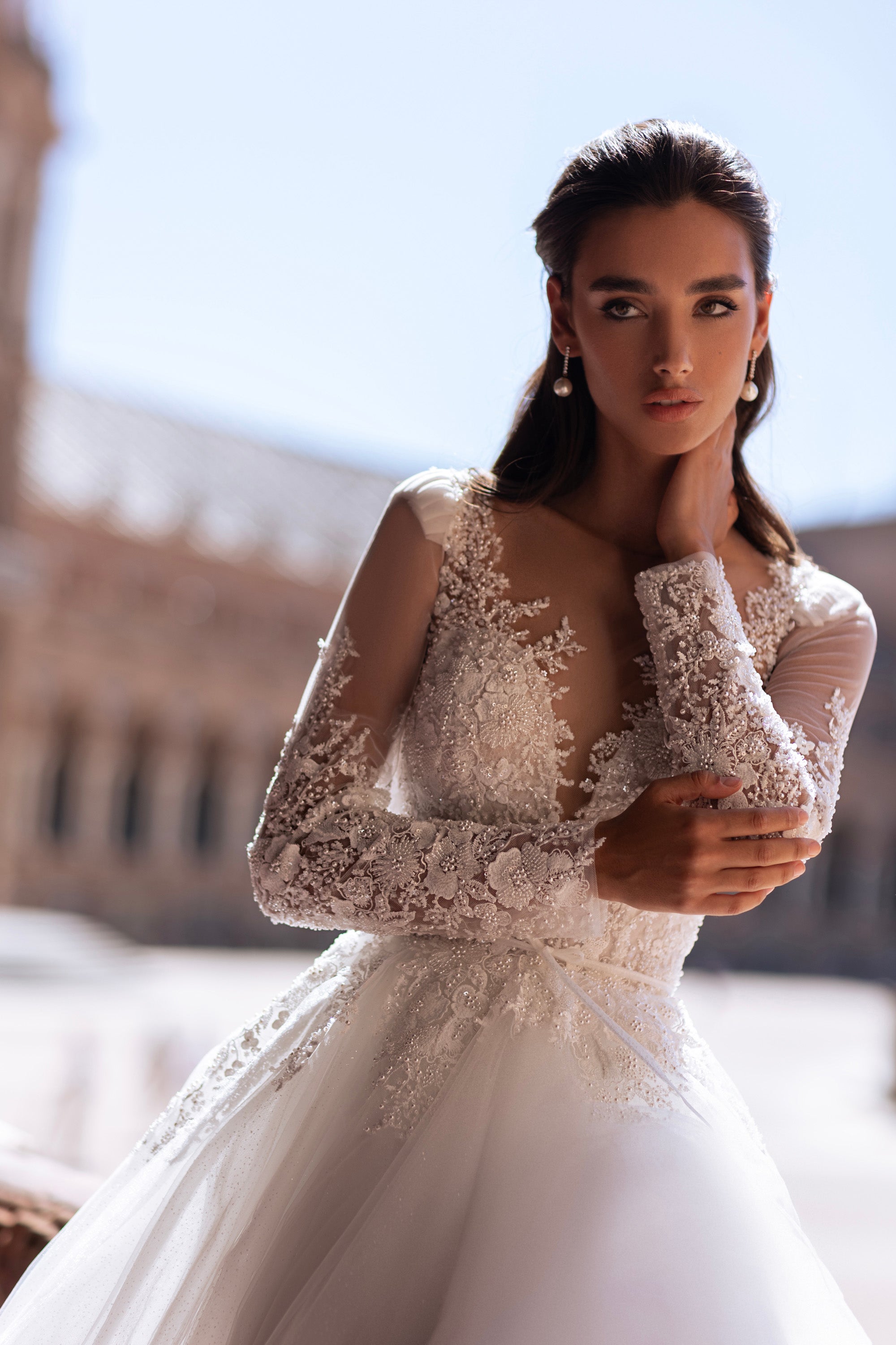 A-Line Wedding Dress with Illusion Long Sleeves and Floral Lace