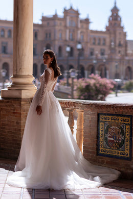 A-Line Wedding Dress with Illusion Long Sleeves and Floral Lace