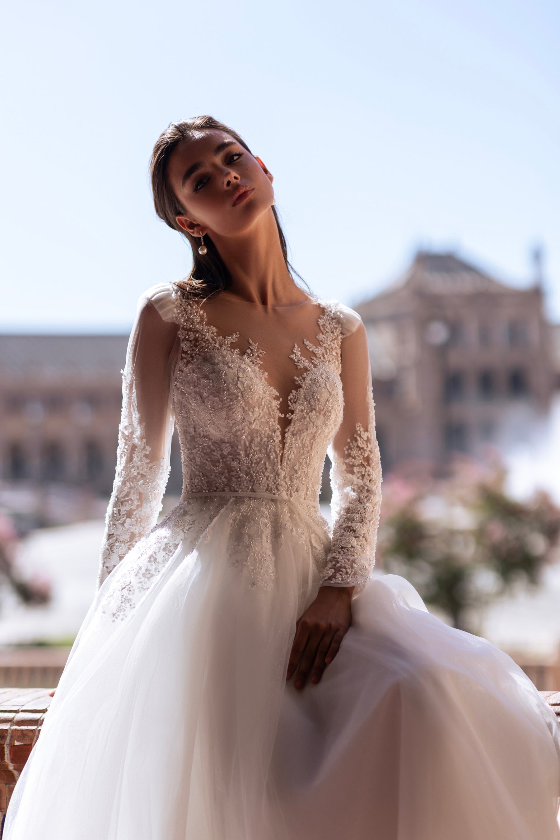 A-Line Wedding Dress with Illusion Long Sleeves and Floral Lace