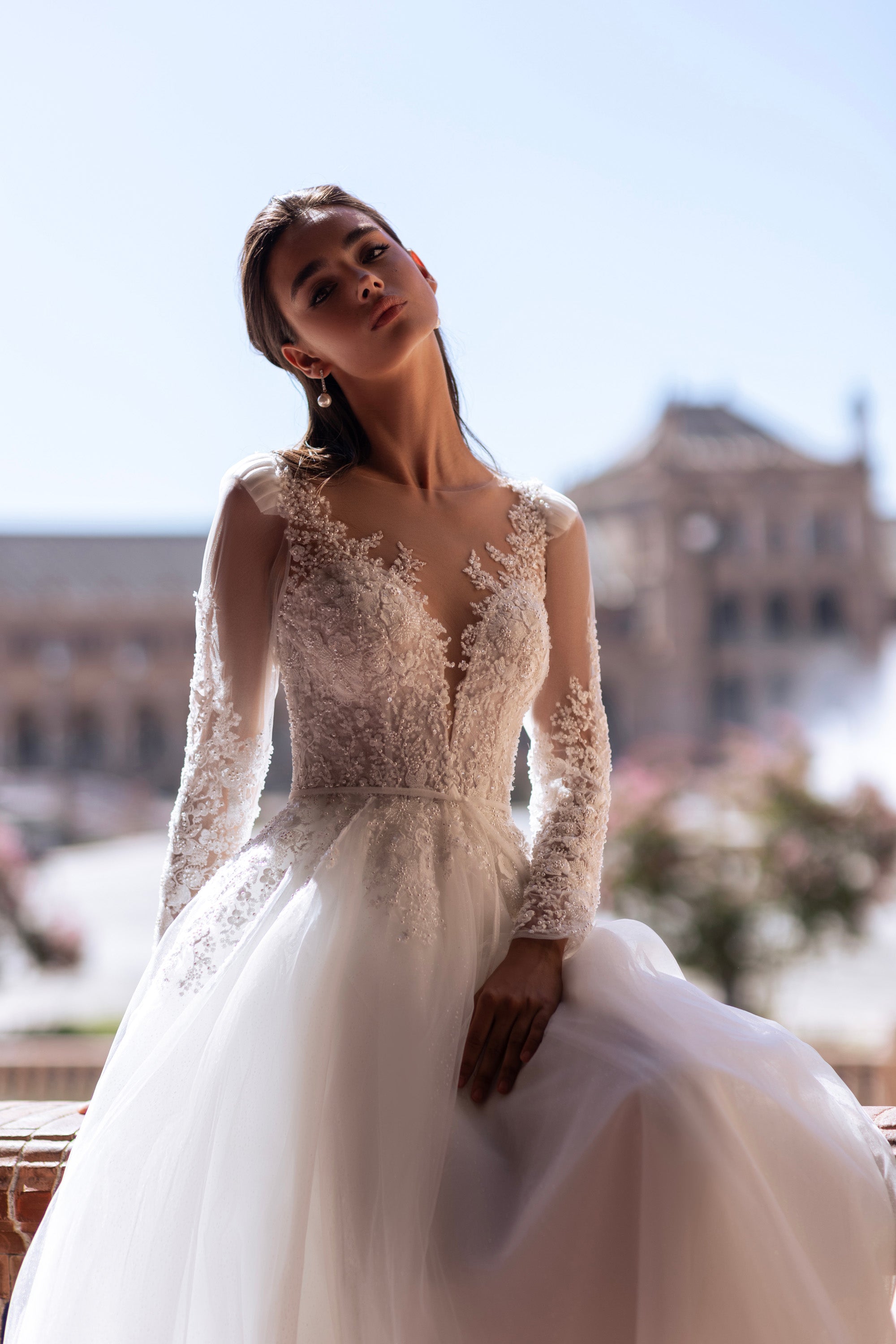 A-Line Wedding Dress with Illusion Long Sleeves and Floral Lace