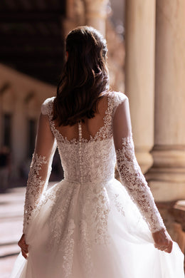 A-Line Wedding Dress with Illusion Long Sleeves and Floral Lace