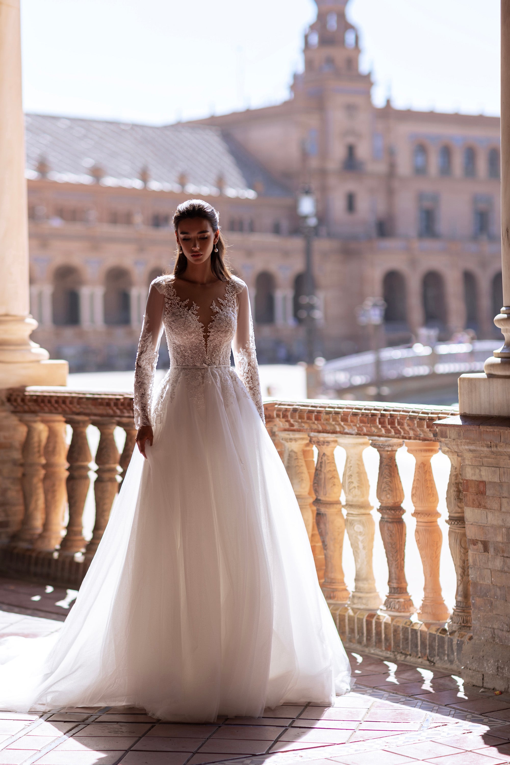 A-Line Wedding Dress with Illusion Long Sleeves and Floral Lace