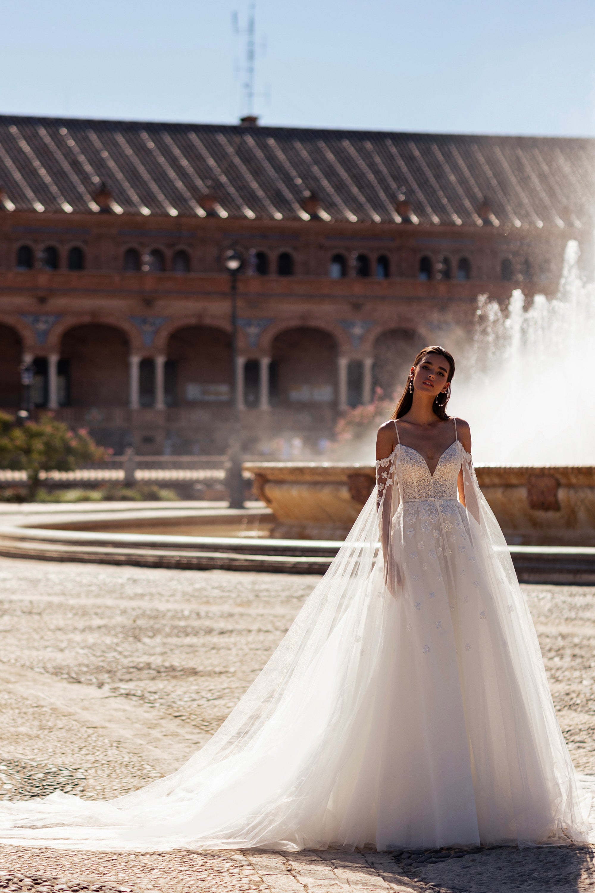 A-Line Wedding Dress with Beaded Sweetheart Bodice and Tulle Cape
