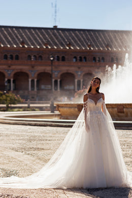 A-Line Wedding Dress with Beaded Sweetheart Bodice and Tulle Cape