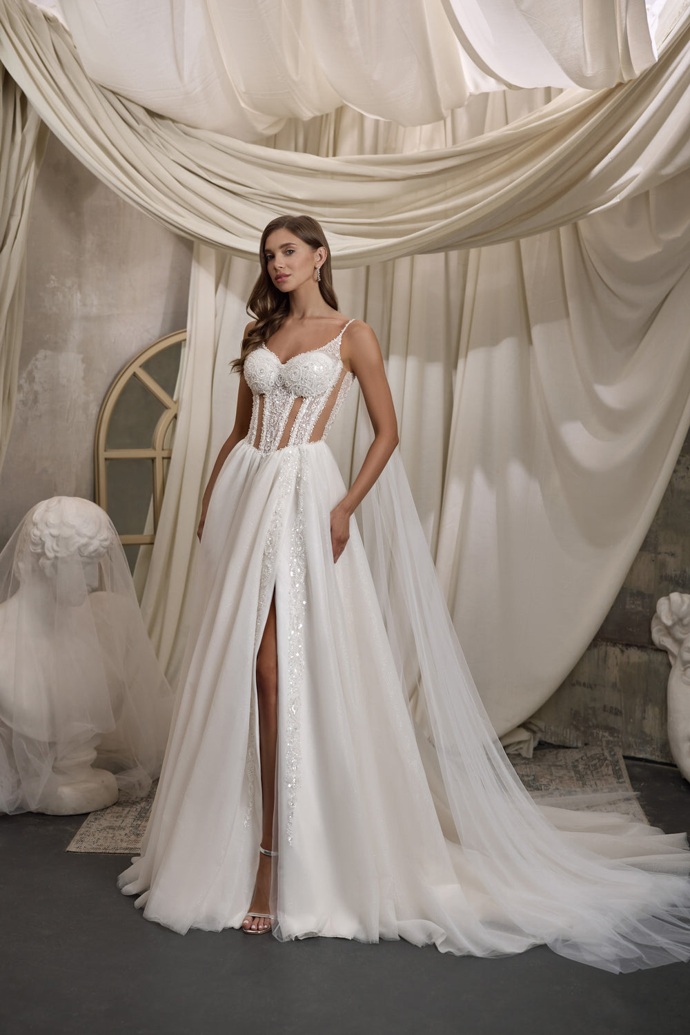 A-Line Wedding Dress with Floral Appliqués, Slit and Cape