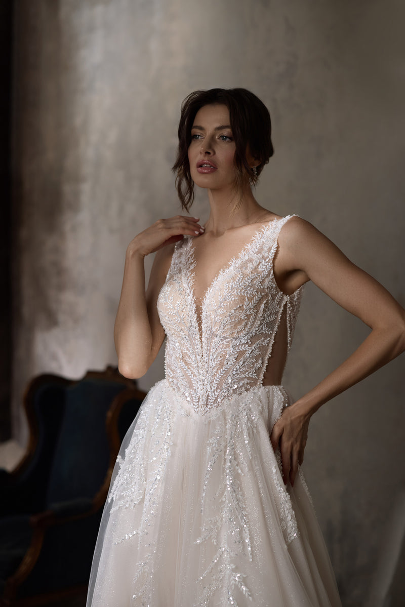 A-Line Wedding Dress with Beaded Lace Bodice