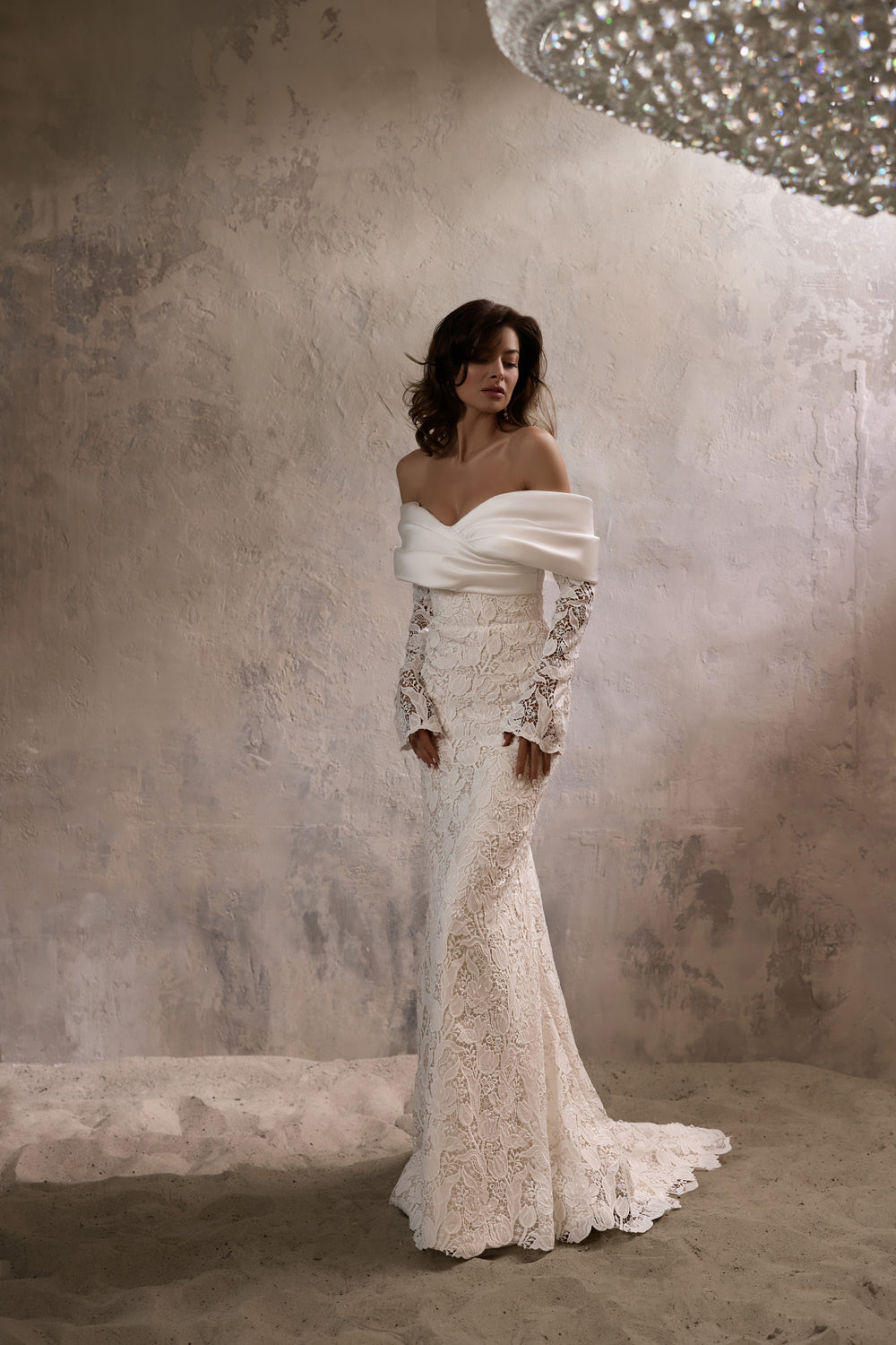 Sheath Wedding Dress with Off-the-Shoulder Satin Detail