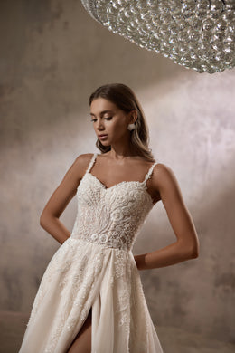A-Line Wedding Dress with Beaded Bodice and Detachable Off-Shoulder Wrap