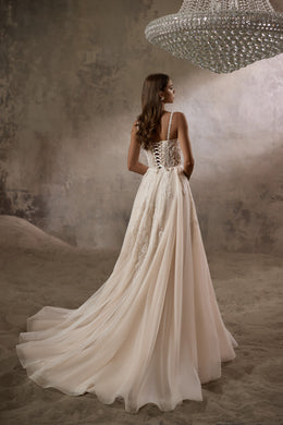 A-Line Wedding Dress with Beaded Bodice and Detachable Off-Shoulder Wrap