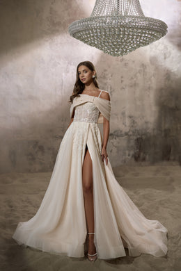 A-Line Wedding Dress with Beaded Bodice and Detachable Off-Shoulder Wrap