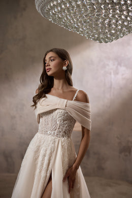A-Line Wedding Dress with Beaded Bodice and Detachable Off-Shoulder Wrap