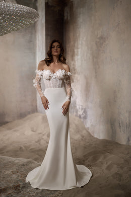 Ivory sheath wedding dress with 3D floral off-the-shoulder sleeves, fitted bodice, and sweeping train