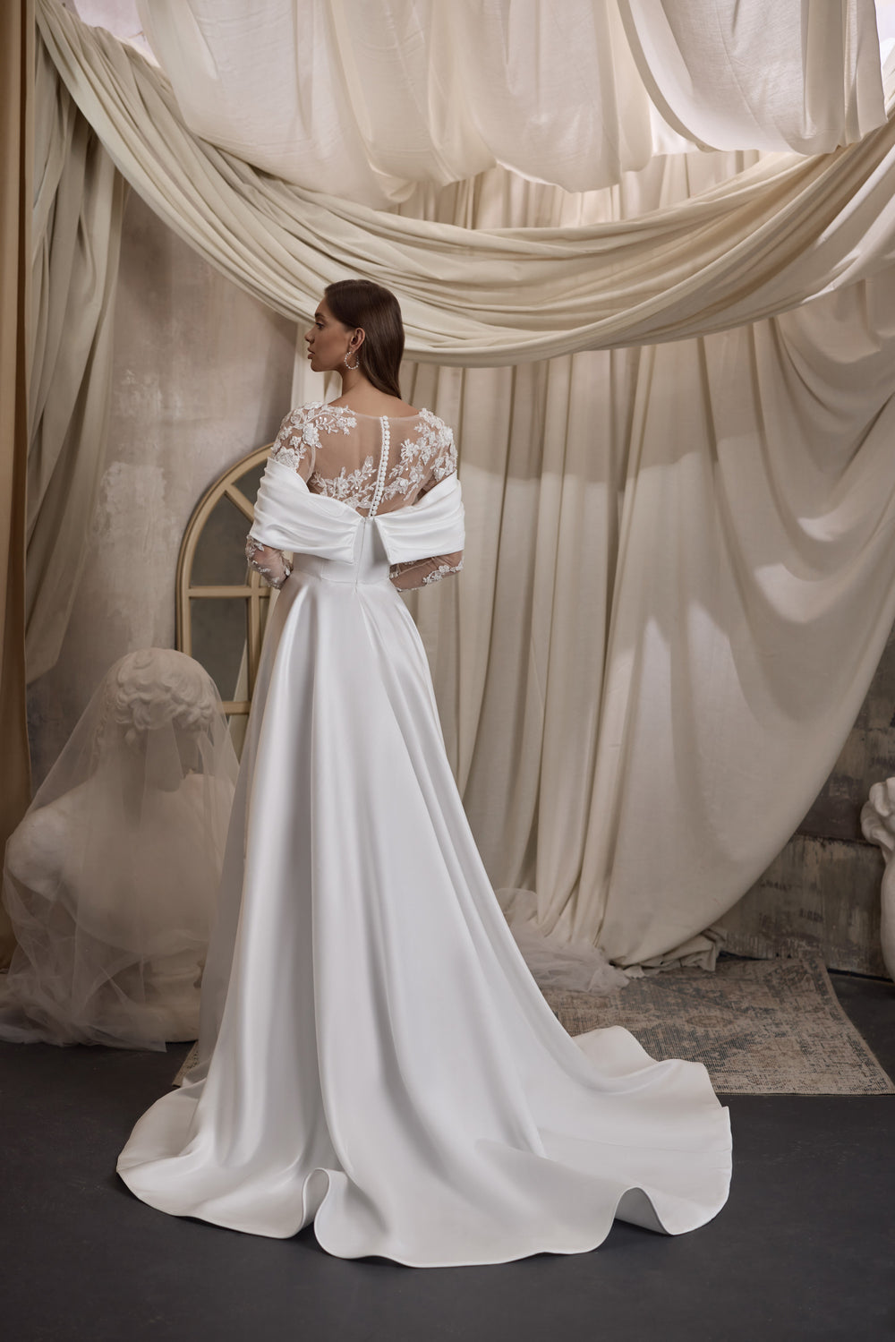 A-Line Wedding Dress with Detachable Lace Sleeves and Slit