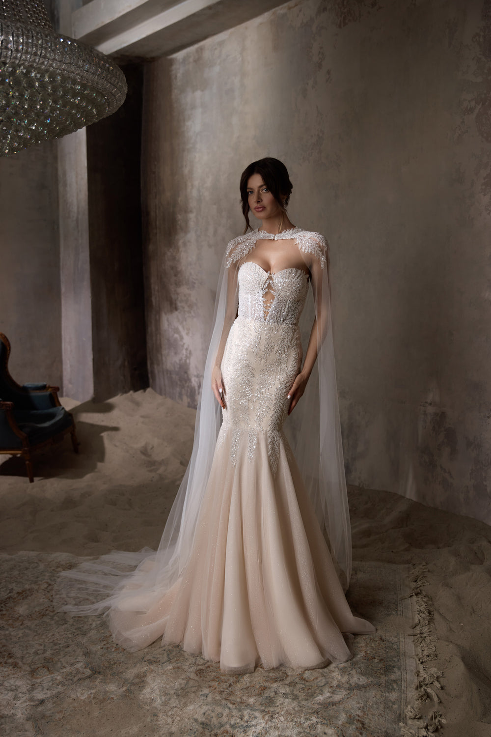 Mermaid Wedding Dress with Beaded Sweetheart Bodice and Detachable Cape
