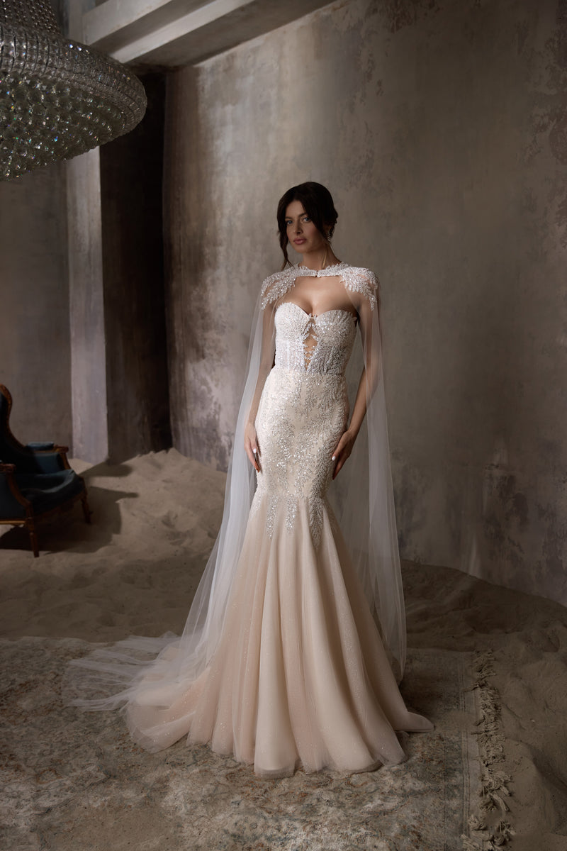 Mermaid Wedding Dress with Beaded Sweetheart Bodice and Detachable Cape