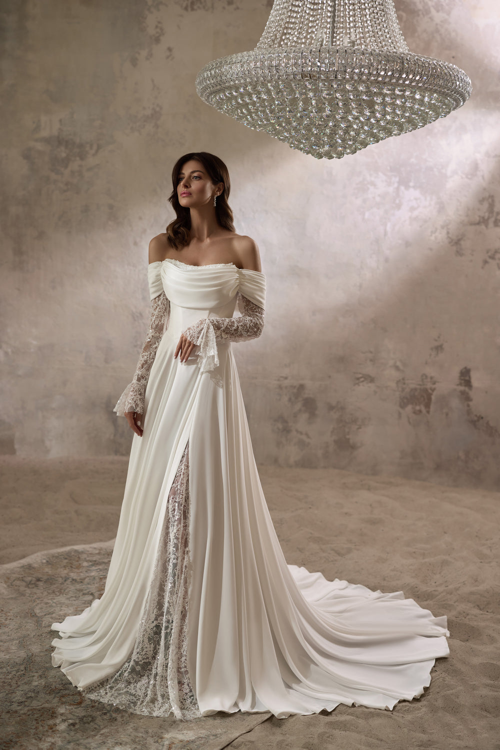 Off-The-Shoulder A-Line Wedding Dress with Lace Sleeves and Slit