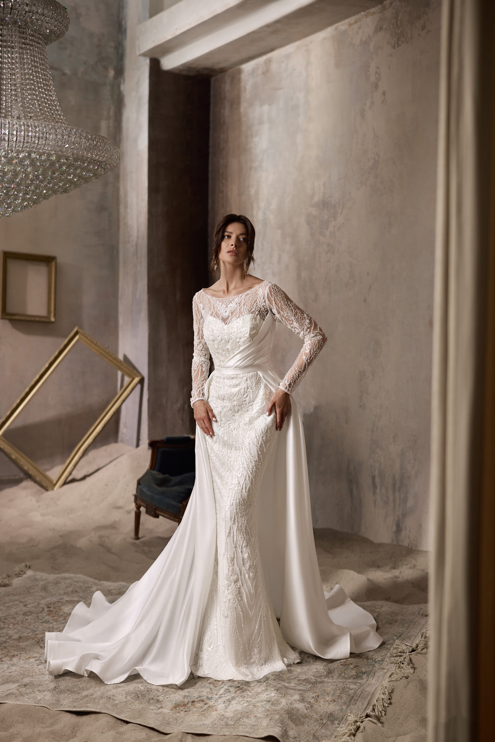 Sheath Wedding Dress with Illusion Long Sleeves and Detachable Overskirt