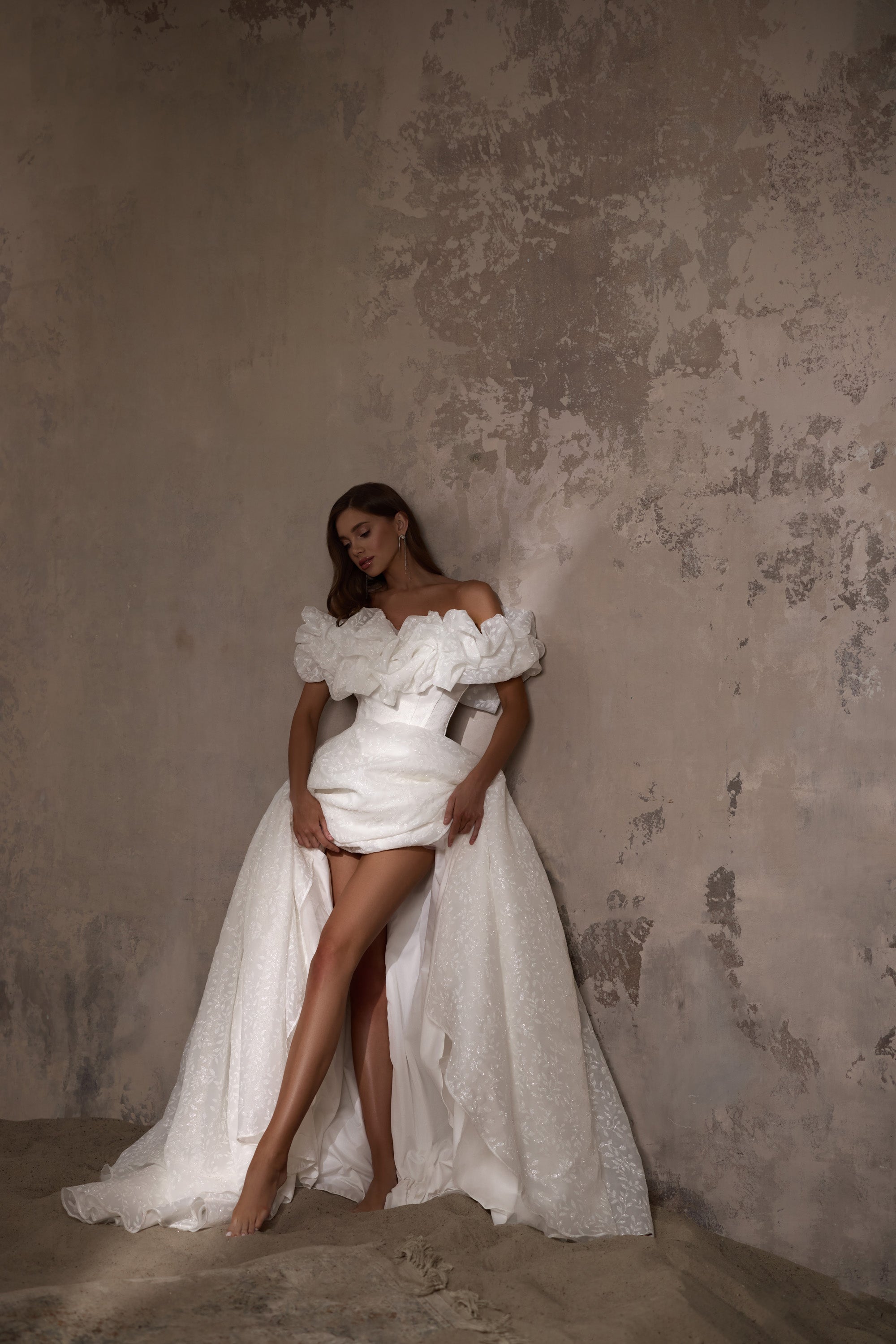 Off-The-Shoulder Ball Gown Wedding Dress with Ruffled Floral Bodice