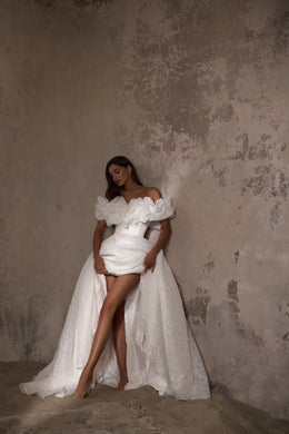 Off-The-Shoulder Ball Gown Wedding Dress with Ruffled Floral Bodice