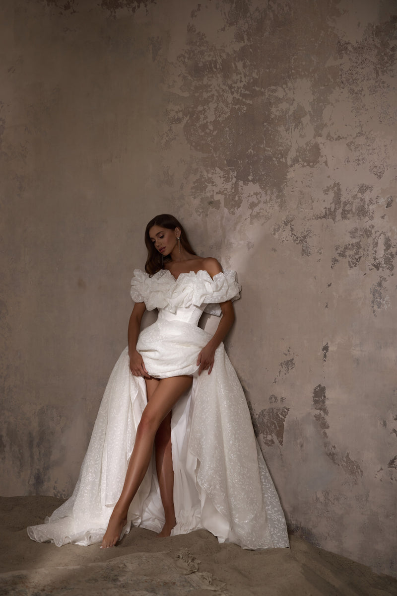 Off-The-Shoulder Ball Gown Wedding Dress with Ruffled Floral Bodice