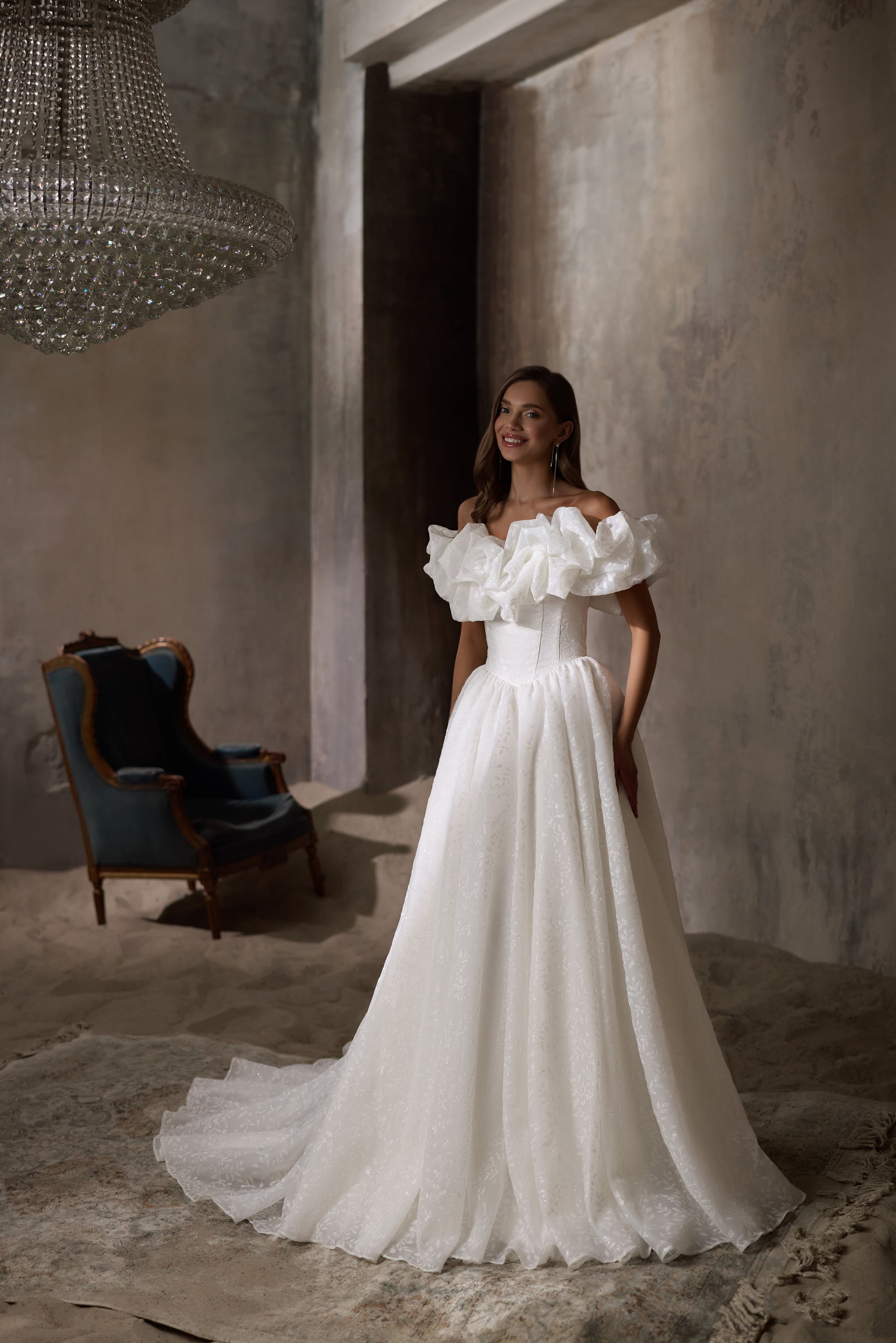Off-The-Shoulder Ball Gown Wedding Dress with Ruffled Floral Bodice