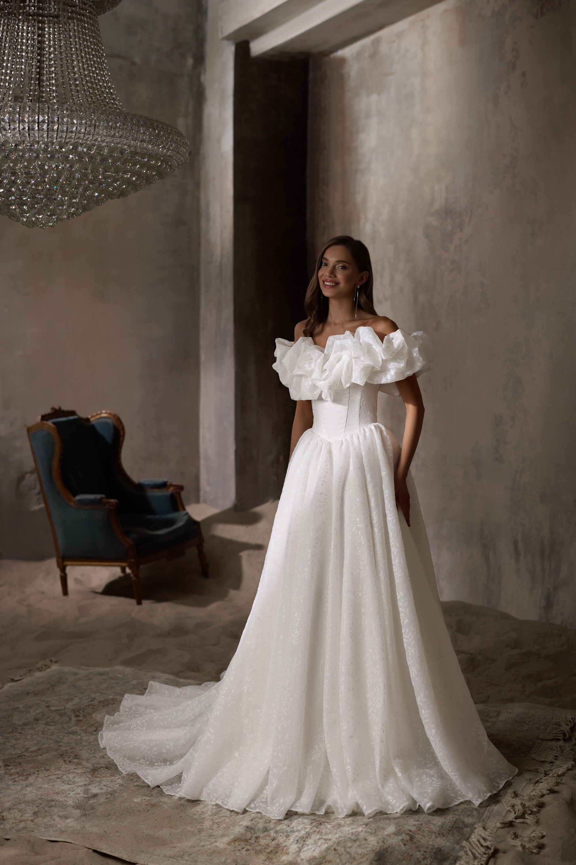 Off-The-Shoulder Ball Gown Wedding Dress with Ruffled Floral Bodice